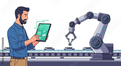 Modern factory worker optimizing production with advanced tablet technology and robotic arm, enhancing efficiency and precision, symbolizing innovation and progress