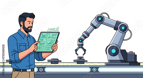 Modern factory automation with robotic arm and smart tablet control, showcasing innovation and efficiency in manufacturing processes