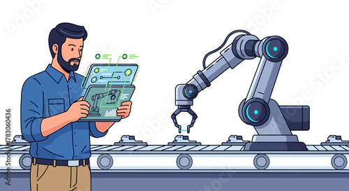 Innovative engineer using tablet to control robotic arm assembly line, showcasing modern automation and technology for manufacturing processes and industrial solutions