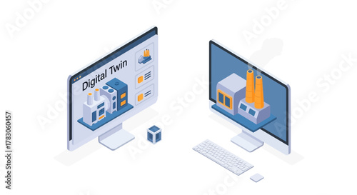 Explore digital twin technology for modern manufacturing on a computer, offering a virtual model of an industrial factory for process optimization and innovation