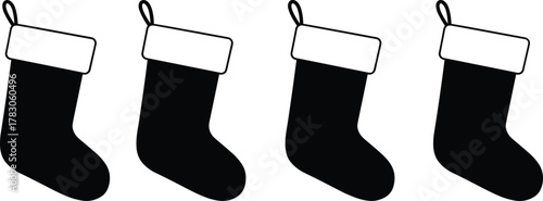 Four identical Christmas stockings silhouette, festive holiday decor, black and white vector art, winter celebration design, cad drawing flat vector illustration