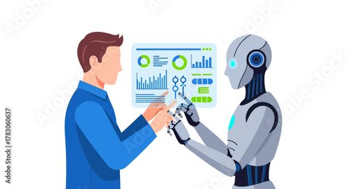 Man collaborates with AI on data analysis, unlocking future insights with innovative technology for business growth, automation, and streamlined processes