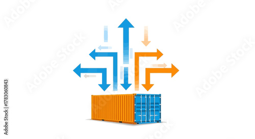 Efficient global logistics concept with shipping container and vibrant arrows showcasing import export delivery network, connecting markets worldwide, trade solutions