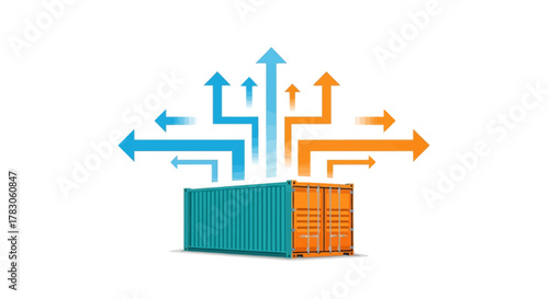 Streamlined logistics show global trade with shipping container and vibrant arrows for import and export, symbolizing efficient supply chain management