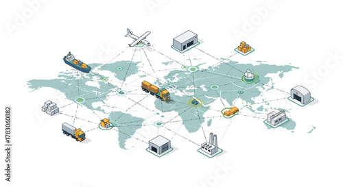 Streamlined global logistics network connecting factories, warehouses, and transportation for worldwide supply chain management, a modern business solution