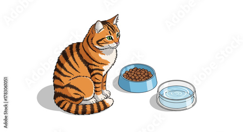 Adorable tabby cat sitting patiently by food and water bowls, perfect for pet care promotions and heartwarming animal stories from its vector origin