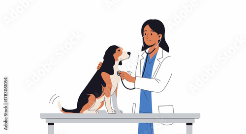 Professional veterinarian examining adorable dog, a loving care scene in a modern clinic setting, evokes trust and comfort, perfect for pet health campaigns