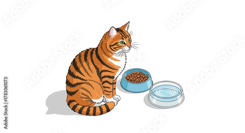 Adorable ginger tabby cat patiently waits by food and water bowls, exuding charm and contentment, perfect for pet lovers and heartwarming designs