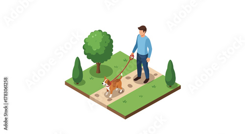 Happy dog enjoys a walk in the park with owner, isometric view, perfect for illustrating pet care, outdoor activities, and healthy lifestyle concepts