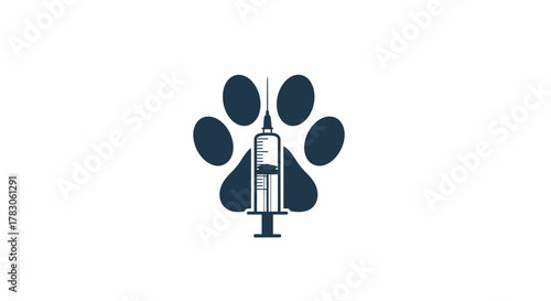 Veterinary vaccination logo, a modern symbol for pet care, depicting a paw print with a syringe in the center, representing animal health and wellness solutions