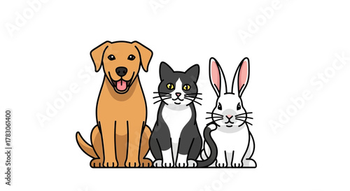 Adorable cartoon pet friends: Dog, cat and bunny rabbit sitting together, perfect for kids' content, pet-themed marketing, and family-friendly designs