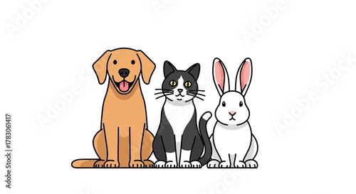 Adorable golden retriever, tuxedo cat, and bunny rabbit are the best friends, a heartwarming illustration with charming and friendly pets together