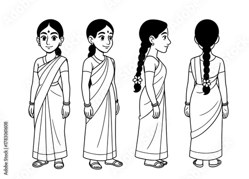 Cartoon character turnaround of woman in traditional saree with braid and flower – front, side, and back views