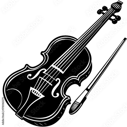 Classic black and white illustration of a violin and bow isolated on white background