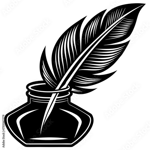 Black quill pen in inkwell illustration isolated on white background