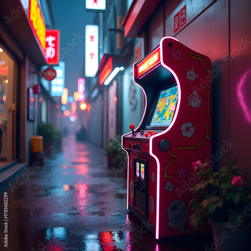Retro futuristic arcade machine in neon-lit alley