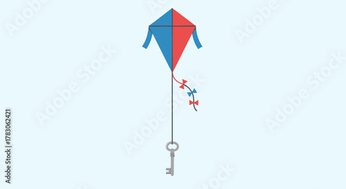 A minimal vector illustration of a blue and red kite flying with a skeleton key attached to the string.
