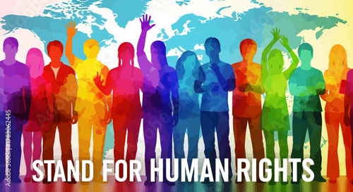 A vibrant conceptual illustration featuring colorful, watercolor-style silhouettes of a diverse group of people standing together.