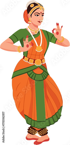 Vector illustration of Indian woman performing Bharatanatyam classical dance in colorful costume and traditional jewelry