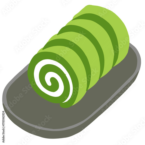 A vibrant, stylized vector illustration of a green matcha Swiss roll cake (roll cake) sliced and presented on a dark grey platter