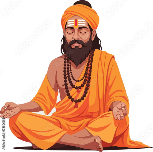 Vector illustration of Indian sadhu meditating peacefully in orange robe with prayer beads symbolizing spirituality and devotion