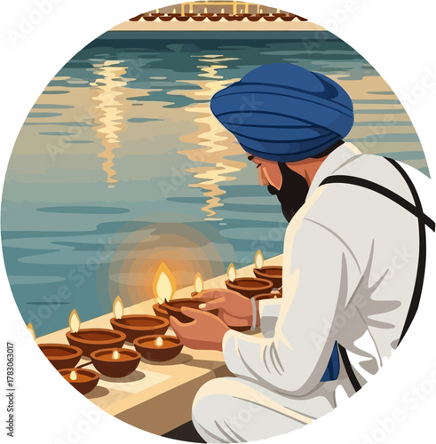Vector illustration of Indian man lighting diya and praying beside river during evening ritual symbolizing faith and peace