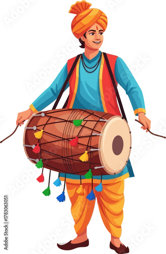 Vector illustration of Punjabi man playing dhol drum during cultural festival with joyful expression and energetic posture
