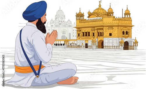 Vector illustration of Sikh man praying near Golden Temple Amritsar with calm reflection on water and peaceful spiritual mood
