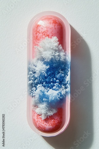 Pill with pink ends, blue/white cloud within