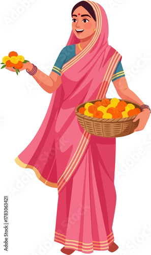 Vector illustration of Indian woman holding basket of flowers for religious offering during morning prayer ceremony