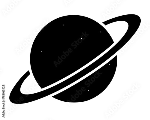 Illustration of a black planet with a ring system and small stars on a white background space theme on transparent background silhouette
