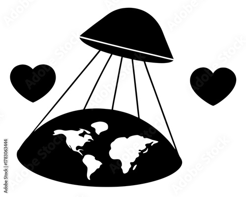 Ufo beaming love onto a flat earth with hearts floating on either side in black and white style on transparent background silhouette