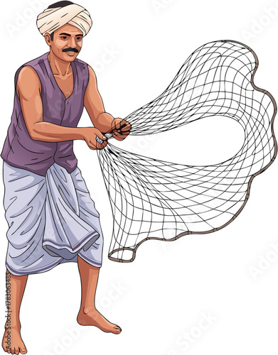 Vector illustration of Indian fisherman throwing fishing net near river showing traditional livelihood and coastal lifestyle