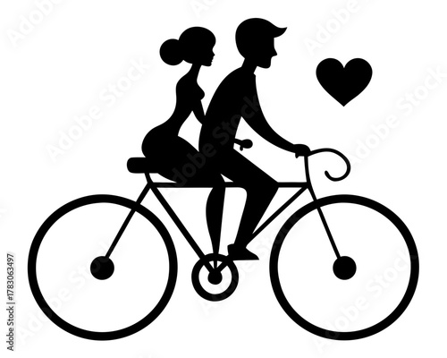 Silhouette of a couple riding a bicycle with a heart floating above them in black and white style on transparent background