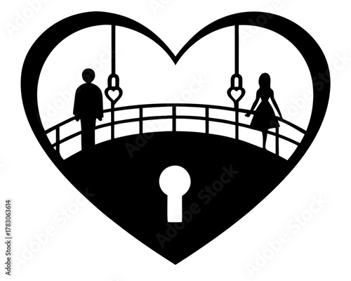 Silhouette of couple on bridge inside heart shaped lock with keyhole in black and white design on transparent background