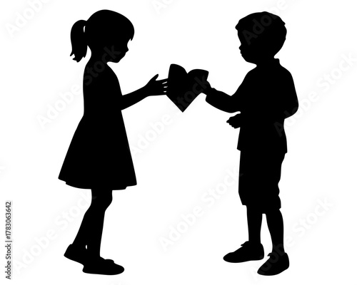 Silhouette of girl and boy exchanging a heart shaped object on a white background in a simple design on transparent background