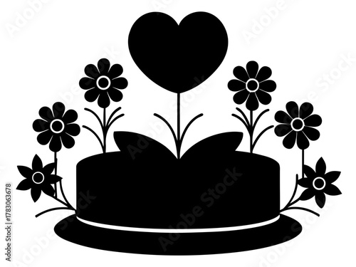 Silhouette cake decorated with flowers and a heart shaped topper on a white background design view on transparent background
