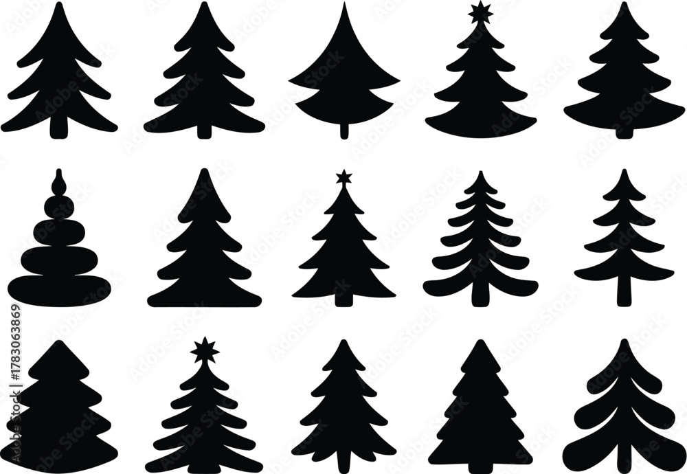 Obraz premium Fifteen Black Christmas Tree Silhouettes in Assorted Shapes for Holiday Designs