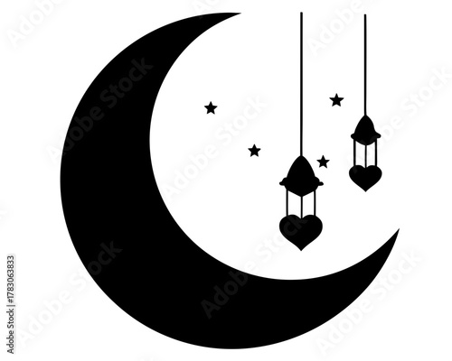 Black crescent moon with hanging lanterns and stars in a monochrome silhouette illustration style image on transparent background