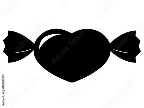 Illustration of a heart shaped candy wrapped with twisted ends in a solid black color on white background on transparent background silhouette