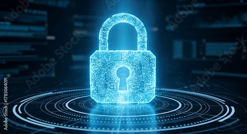 Wallpaper Mural Digital security lock icon with glowing blue holographic effects and circular data protection interface representing cybersecurity and online privacy protection Torontodigital.ca