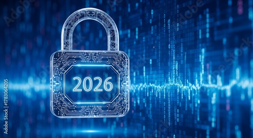 Digital padlock icon with 2026 in the center surrounded by futuristic blue binary code and digital waveform background representing cybersecurity and data protection future
