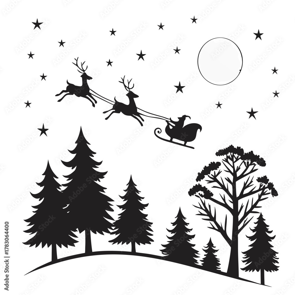 Naklejka premium peaceful christmas landscape with pine trees, moon and flying santa sleigh — monochrome vector silhouette style.