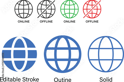 Globe icon set, website icon in editable stroke outline, world icon vector global www internet sign, website global vector illustration,
