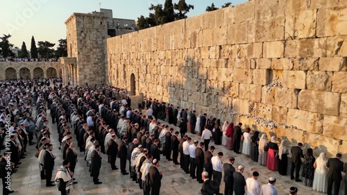 Large Crowd of Jewish People Praying at the Western Wall in Jerusalem.