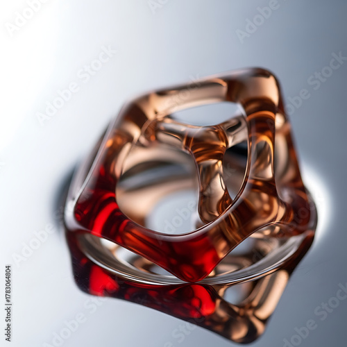 Macro shot of a modern abstract sculpture. Glossy red and copper geometric shape with reflection. Futuristic technology and design background