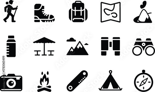 Black and White Hiking and Camping Icons Equipment, Activities, and Navigation Elements Set