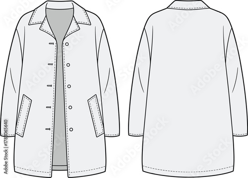 Minimalist long sleeve coat technical sketch, front and back flat vector drawing, fashion CAD for garment design, Adobe Illustrator