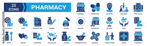 Pharmacy icon set. Medicine, bandage, medication, prescription, treatment, health and syringe symbol. Solid icons vector collection.