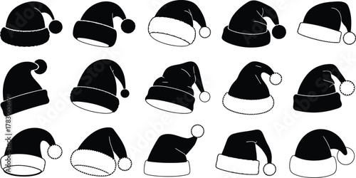 Black and White Santa Hats Silhouettes Arranged in a Festive Holiday Pattern